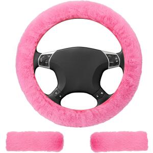 3 Pack Fluffy Steering Wheel Cover Set, 15'' Furry Car Wheel Cover, 2 Seat Belt Shoulder Pads, Anti-Slip Fur Steering Wheel Cover, Winter Warm Fluffy Car Accessories for Women, Pink