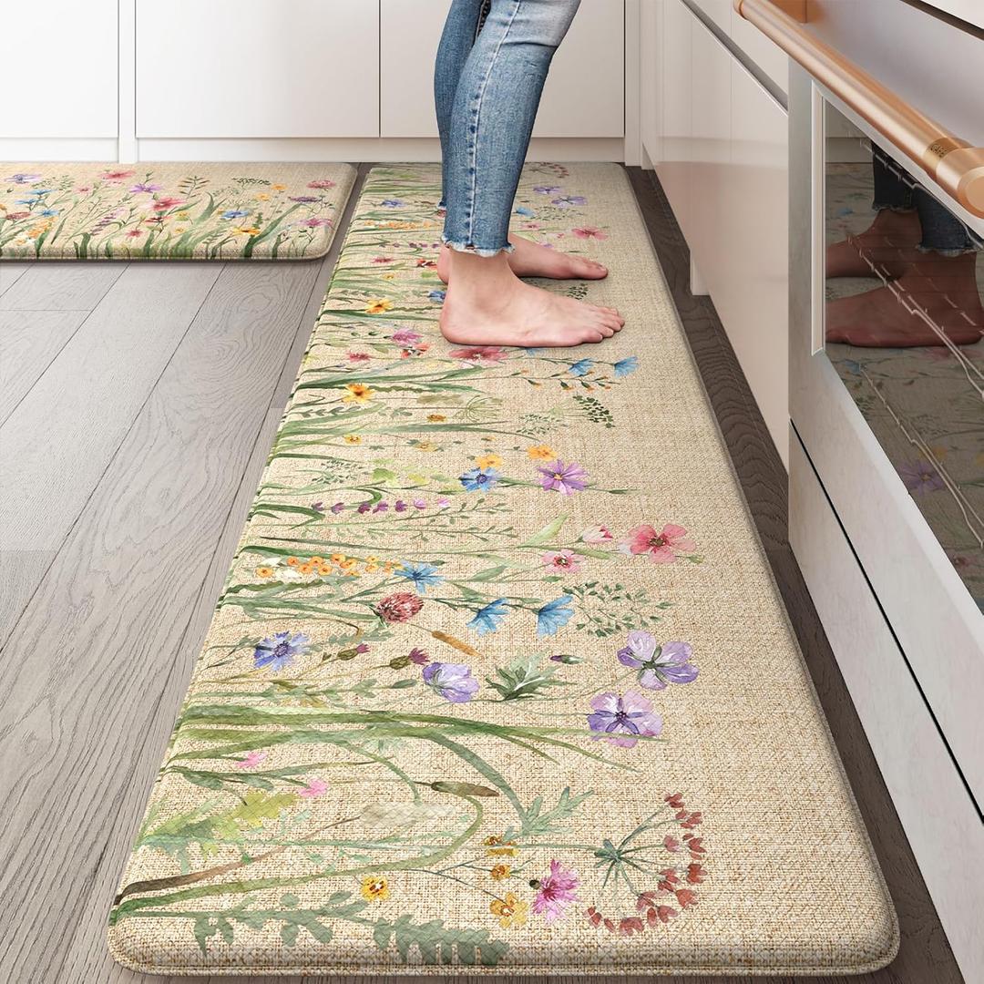 KIMODE Anti Fatigue Mats for Kitchen Floor 17"x59"+17"x29", Farmhouse Floral Kitchen Rugs, Cushioned Memory Foam Kitchen Mats, Comfort Standing Mat for Laundry, Office, Sink, Desk Brown