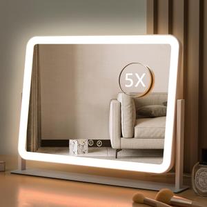 HIEEY Vanity Mirror with Lights, Lighted Makeup Mirror, Three Color Lighting Modes, and 5X Magnification Mirror, Smart Touch Control, 360Rotation (17.4" x 13.5" White,Gift Box)