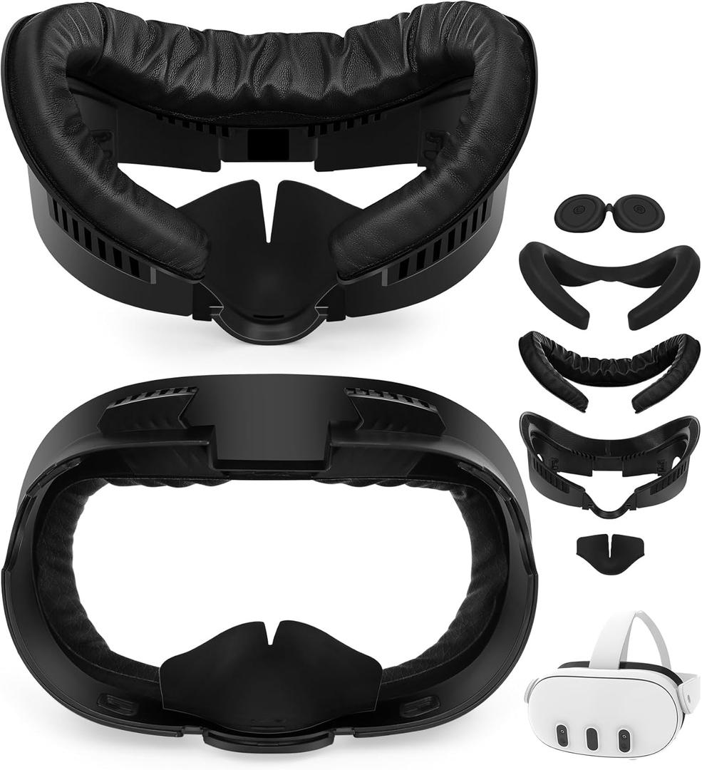 Facial Interface & Face Pad Cushion Compatible with Meta/Oculus Quest 3 Accessories, Replacement PU Leather Foam Cushion, Anti-Sweat, Anti-Leakage Silicone Face Cover, Not Fit Quest 3S