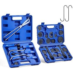 Orion Motor Tech Brake Caliper Compression Tools, 2-in-1 32pc Disc & Drum Brake Service Tool Set with 18 Blackened Adapters, Caliper Piston Compressor Tool with Hangers Spoons Installer Retainer, Blue