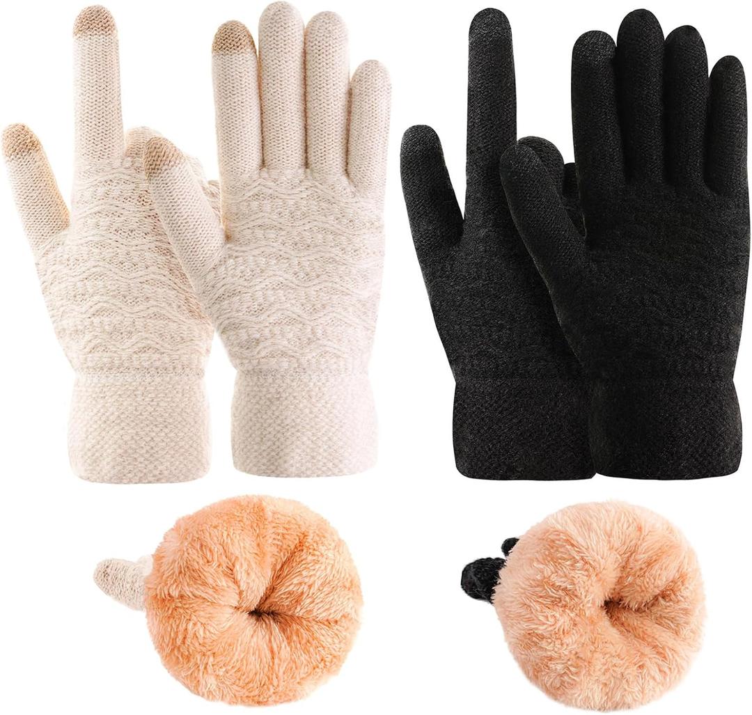 Women's Winter Warm Touch Screen Gloves Womens Thermal Cable Knit Wool Fleece Lined Glove for Cold Weather (Black+Beige)