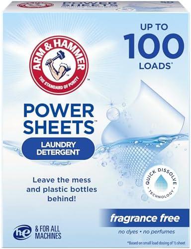ARM & HAMMER Power Sheets Laundry Detergent, Fragrance Free, Dermatologist Tested Concentrated Laundry Detergent Sheets, 50 Count, up to 100 Small Loads