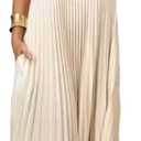 KEOMUD Women Summer Pleated Maxi Dress Casual Short Sleeve Crewneck Flowy Swing Long Dress with Pockets (Medium, Beige)