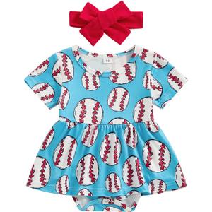 Newborn Baby Girl Baseball Outfit Short Sleeve Romper A Line Baseball Dress Headband Infant Summer Clothes (12-18 Months, Blue)