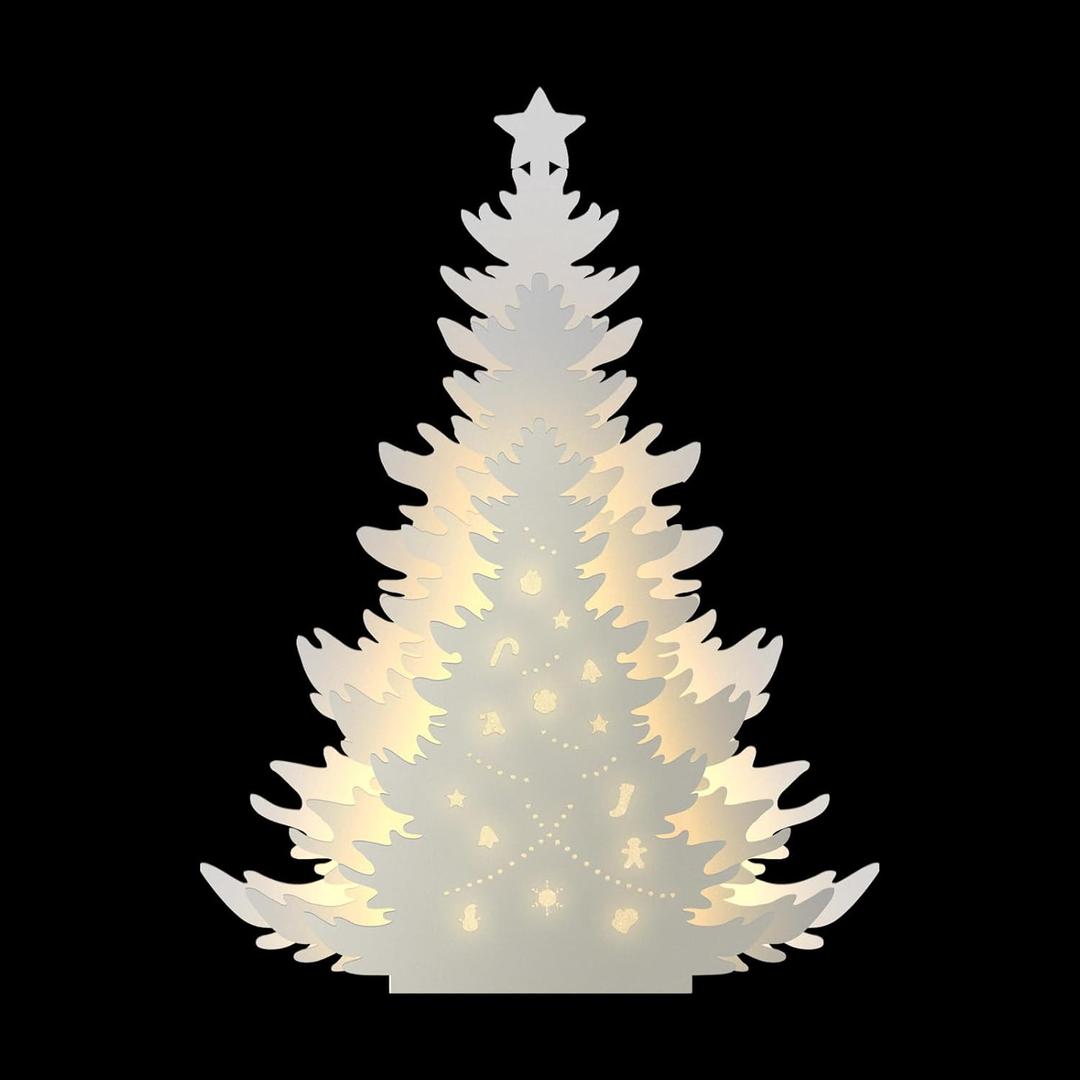 LED Wooden Christmas Tree Table Decor, 2-in-1 Wood Tabletop & Hanging Sign Decor, Light 2AAA Battery Powered 10 inch for Xmas Indoor Home Party Fireplace Mantle Centerpiece Decorations (White)