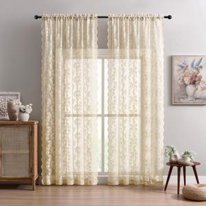 Beige Lace Curtains 96 Inches Long 2 Panels Paisley Floral Sheer Curtains for Living Room Girls Bedroom Rod Pocket Light Filtering Shabby Chic Curtains Large Window Decor Vintage Drapes, 52x96