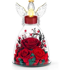 Mothers Day Roses Gifts for Mom, Preserved Roses in Glass Angel Figurines With Tealight Candle Holder,Fresh Flowers for Delivery,Mothers Day Flowers Gifts for Grandma Women Wife from Daughter/Red