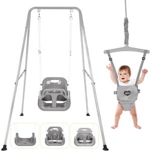 4-in-1 Toddler Swing Set & Baby Jumper and Bouncers, Heavy Duty Baby Swing Set with Foldable Metal Stand for Indoor & Outdoor, Suitable for Children 6 Months and Older, Easy to Assemble & Store