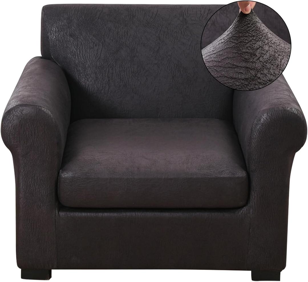 FUANGUI 2 Piece Chair Covers Stretch Arm Covers Chair Couch Covers, Faux Leather Looking Armchair Slipcover with Separate Chair Cushion Cover, Washable Chair Protector for Living Room - Black