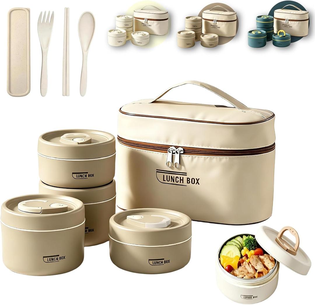 4 Tier Portable Insulated Lunch Container Set, Stackable Bento Box with Thermal Lunch Bag, Microwaveable Hot Food Container for Adults, Leakproof Thermal Food Container for Picnic, Work & Travel (Brown)
