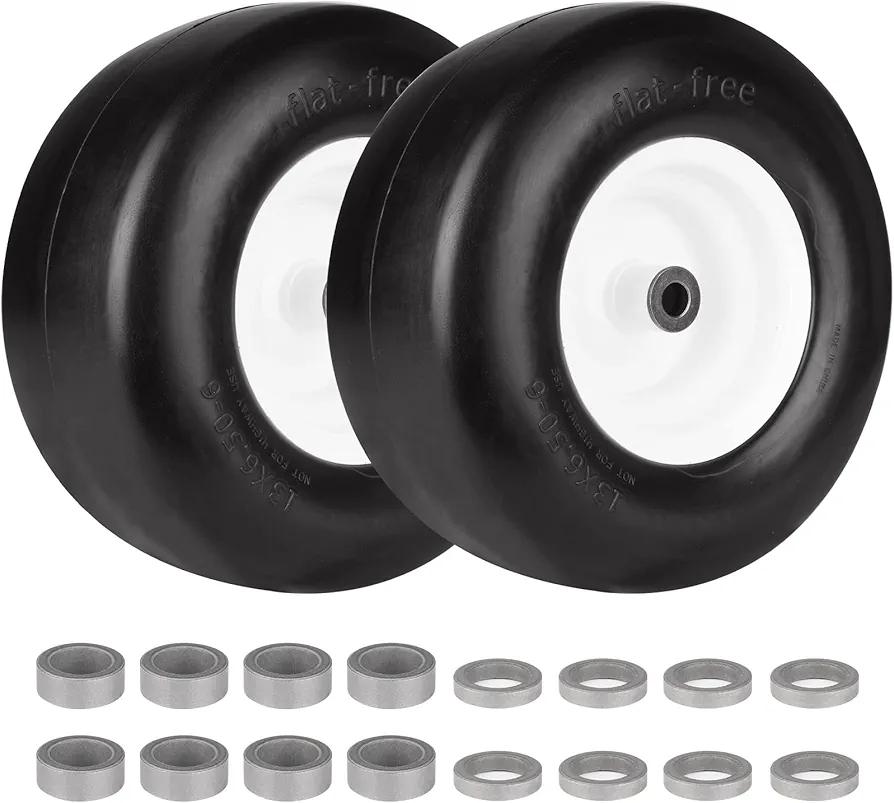 13x6.50-6 Heavy Duty Solid Tubeless Tire w/Steel Rim Fits Deck 38"- 68" Commercial Lawn Mower Garden Tractor- Hub Length 4"-7.1", Bore φ3/4" Grease Oil Infused Bushing, 136506 T161(Set of 2)