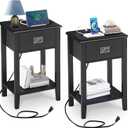 VECELO Nightstand Set of 2 with Charging Station, Vintage Solid Wood End Bedside Table with USB Ports, Storage Drawer, Open Shelf for Bedroom, Living Room, Sofa Couch, One Drawer, Black