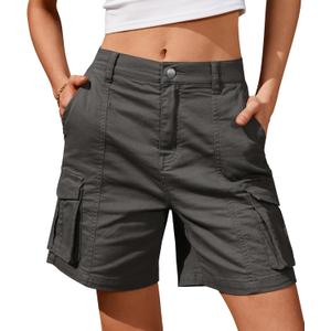 IVIR Bermuda Shorts for Women Cargo Shorts Knee Length 6 Pockets Elastic Waist Long Shorts Summer Casual (Small, Dark Gray)