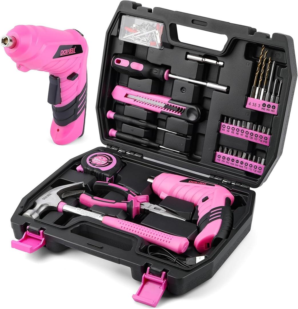 DOWELL 116Pcs Pink Tool Kit with 3.6V USB Cordless Screwdriver, Small Drill Set for Women, Girls
