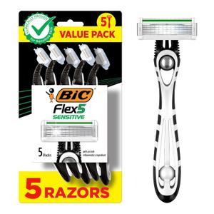 BIC Flex 5 Sensitive Men's Disposable 5-Blade Razors, Comfortable Shave, 5-Pack