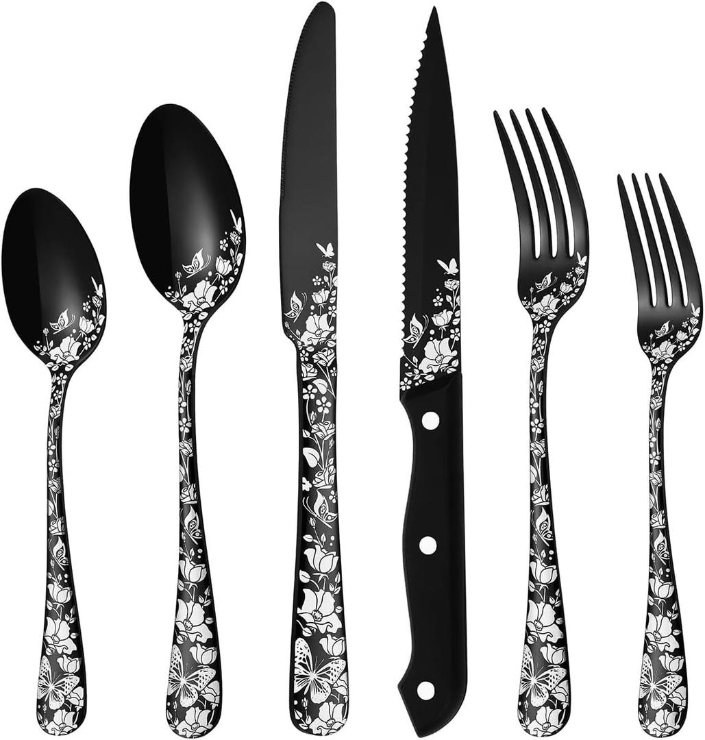 Stapava 24 Pcs Black Silverware Set with Steak Knives for 4, Stainless Steel Flatware Cutlery Set, Include Forks Spoons and Knives set, Mirror Polished, Dishwasher Safe Utensils for Home Restaurant