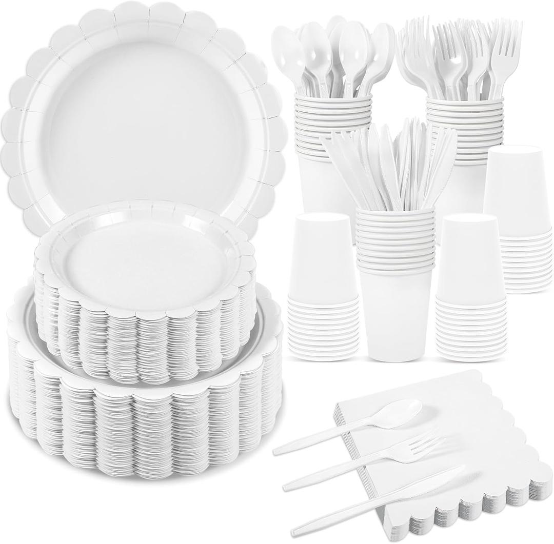 350 Pcs White Paper Plates and Napkins, 50 Guest White Party Supplies Include Scalloped Plates Paper Napkin Cup Plastic Spoon Fork Knive for Baby Shower, Wedding, Birthday