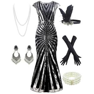 Women 1920S Gatsby Sequin Mermaid Formal Evening Dress with 20s Accessories Costume (L, Black Silver)