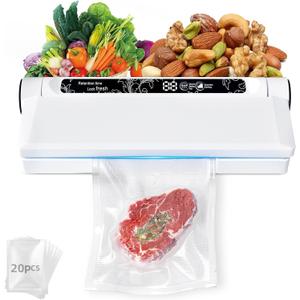 Food Vacuum Sealer Machine, 75KPA Strong Suction, Dry/Wet Modes, 20 Vacuum Seal Bags for Food, Digital Countdown Timer, Compact Lightweight, Ideal for Home Kitchen Use