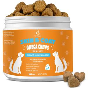 Skin and Coat Chews for Dogs - Itchy Skins Dog Supplement Support Hot Spots Comfort and Shedding Allergy Joint Health with Omega 3 Fish Oil, EPA & DHA Fatty Acids, Bacon Flavor 100 Count Softs Treats