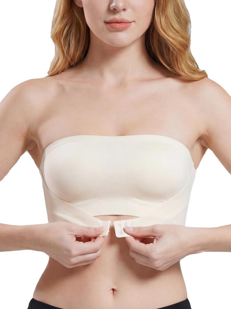 newnice Strapless Bandeau Bra: No Padded Seamless Wirefree Tube Top with Non-Slip Silicone Grip - Invisible Comfort for Women (Beige, S)