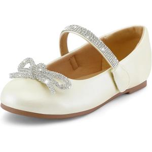 K KomForme Girl's Bow Mary Jane Dress Shoes Ballet Princess Flats with Rhinestone Strap for Party Wedding School, Toddler/Little Kid/Big Kid (Ivory), 2 Big Kid 