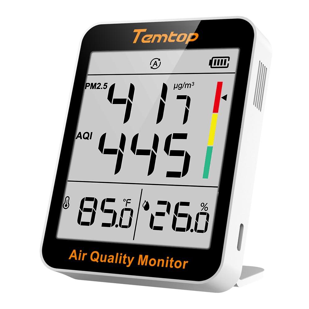 Temtop Air Quality Monitor with Indoor Thermometer & Thermo-Hygrometer  PM2.5, AQI, Temperature and Humidity Meter for Home, Office, Nursery, School, 60-Day Battery Life