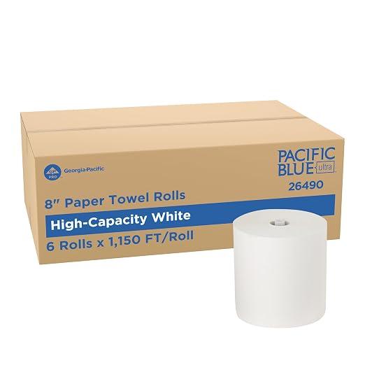 Georgia-Pacific, Pacific Blue Ultra, 8” High-Capacity Paper Towel Rolls, White, 1150 Linear Feet Per Roll, 6 Rolls Per Case, 26490