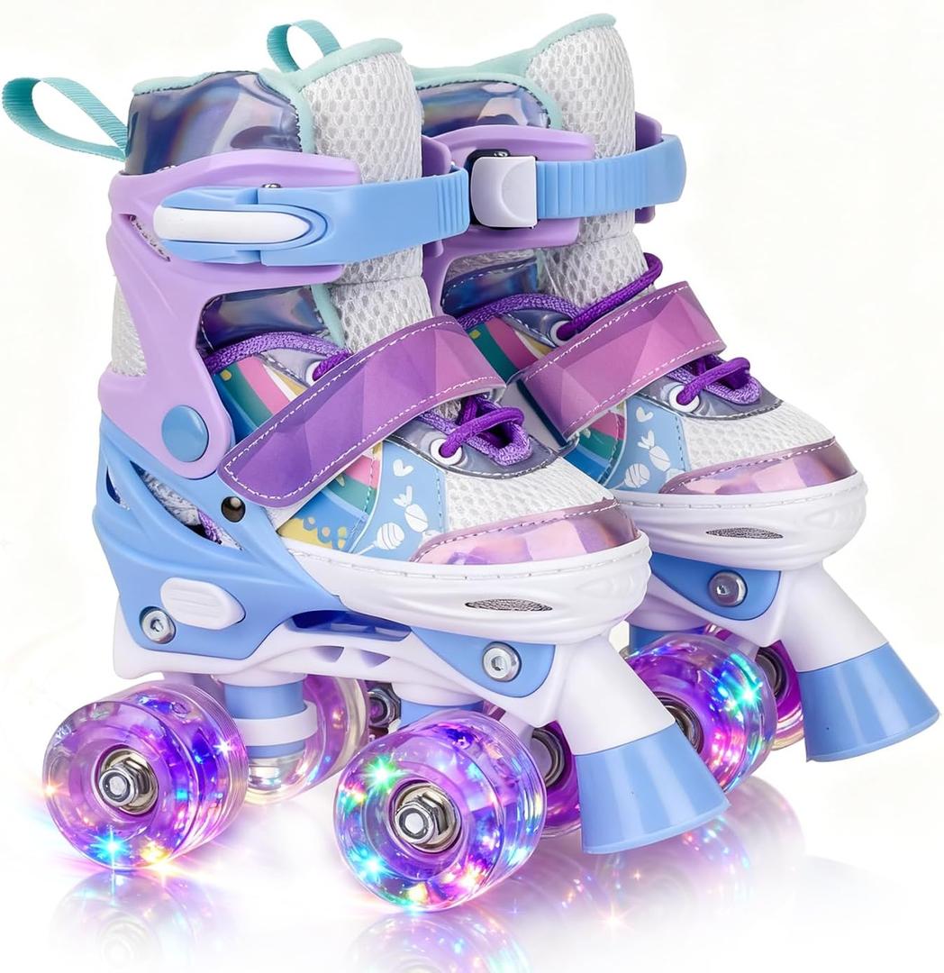 Roller Skates for Kids Ages 5 6 8 12 Year Old 4 Size Adjustable Quad Roller Skates for Girls Boys Toddler with Light Up Wheels Best Children Gift for Beginners Indoor Outdoor Sports (Small - Little Kid, Purple)