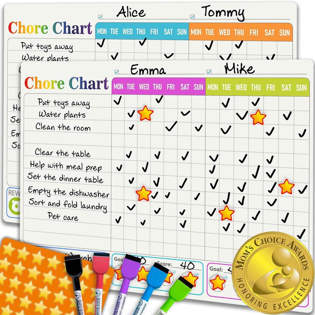 Quokka Magnetic Chore Chart for Kids Multiple Kids - Morning and Bedtime Reward Chart for Refrigerator - Daily Dry and Erase Board for Family - Includes 2 Boards and Accessories up to 4 Children