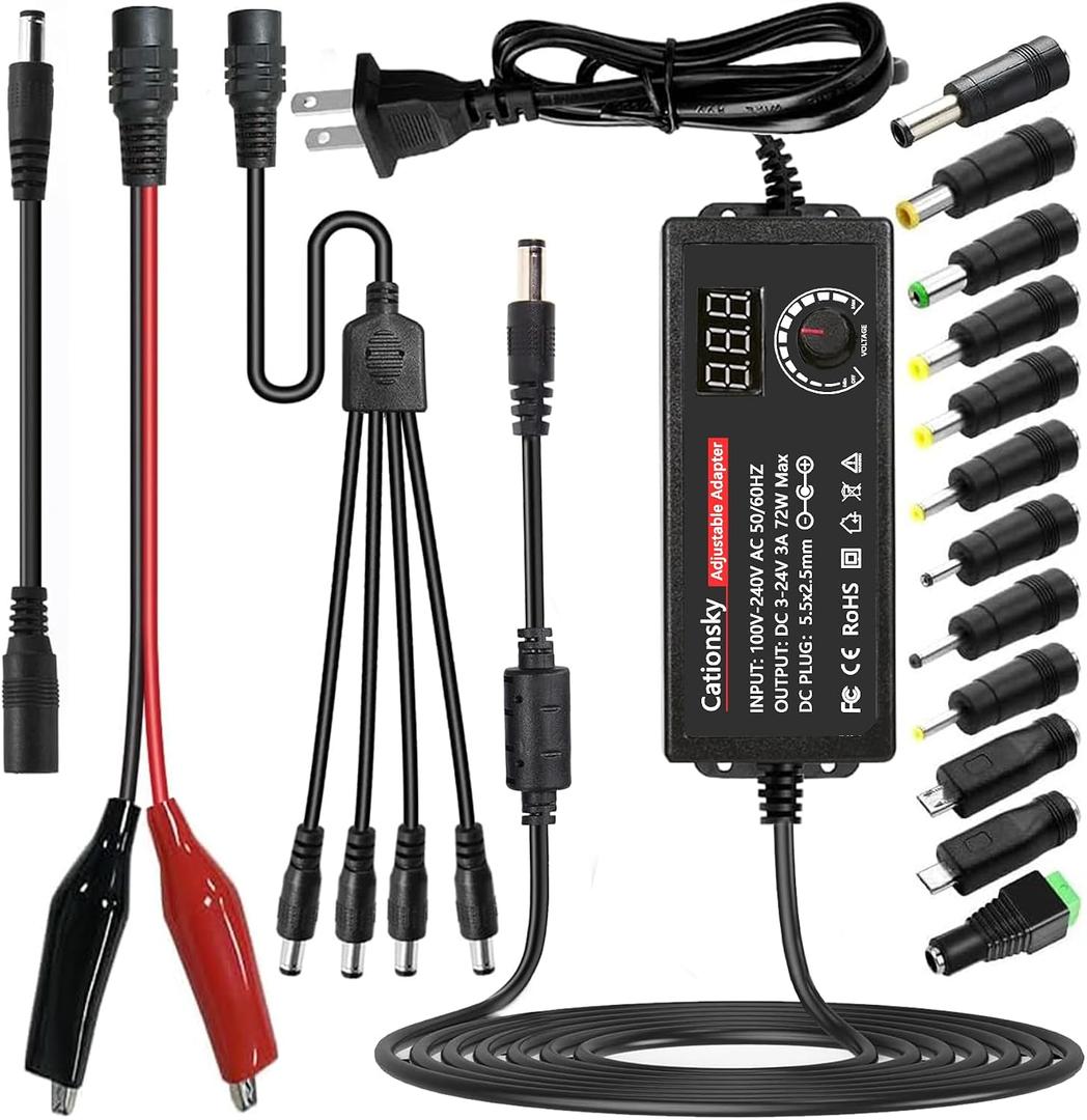 Universal Power Supply 3V~24V 3A 72W Adjustable Variable 3V 5V 9V 12V 18V 20V 24V AC/DC Adapter Charger, 100V-240V AC to DC Converter with 15 Tips, Polarity Converter and 4-Way Power Splitter Cable
