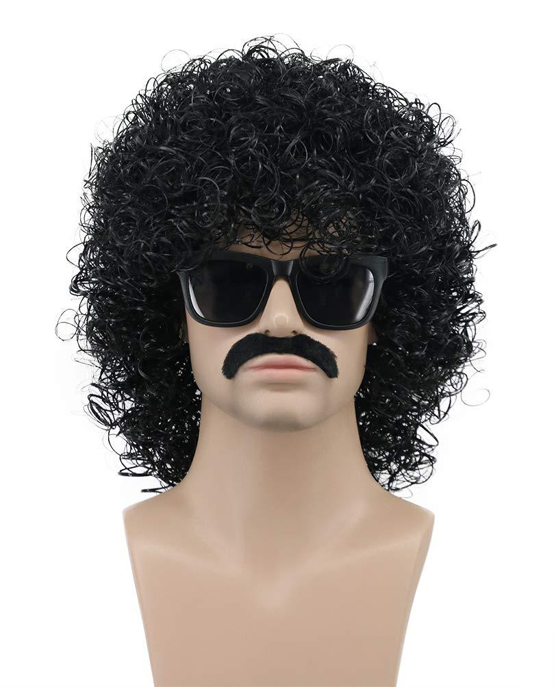 VGbeaty Adult Men Short Curly Black Rocker Wig With Mustache California Halloween Cosplay Anime Costume Wig