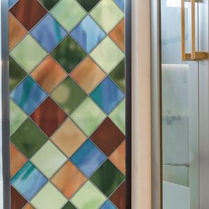 Window Privacy Film Stained Glass Frosted Glass, Static Cling Window Clings Retro Decorative for Bathroom, Home, Front Door Coverings UV Protection Heat Blocking, Grid, 16.93'' (78.74'' x 16.93'')