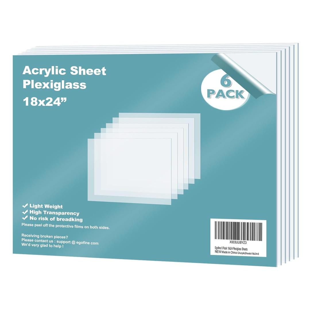 Egofine Plexiglass Sheets Acrylic Sheets 6 Pack of 18x24 0.04 Thick Clear Plastic Cast Transparent Plexi Glass for Crafting Projects, Replacement Picture Frame Glass, DIY Display, Easy to Cut