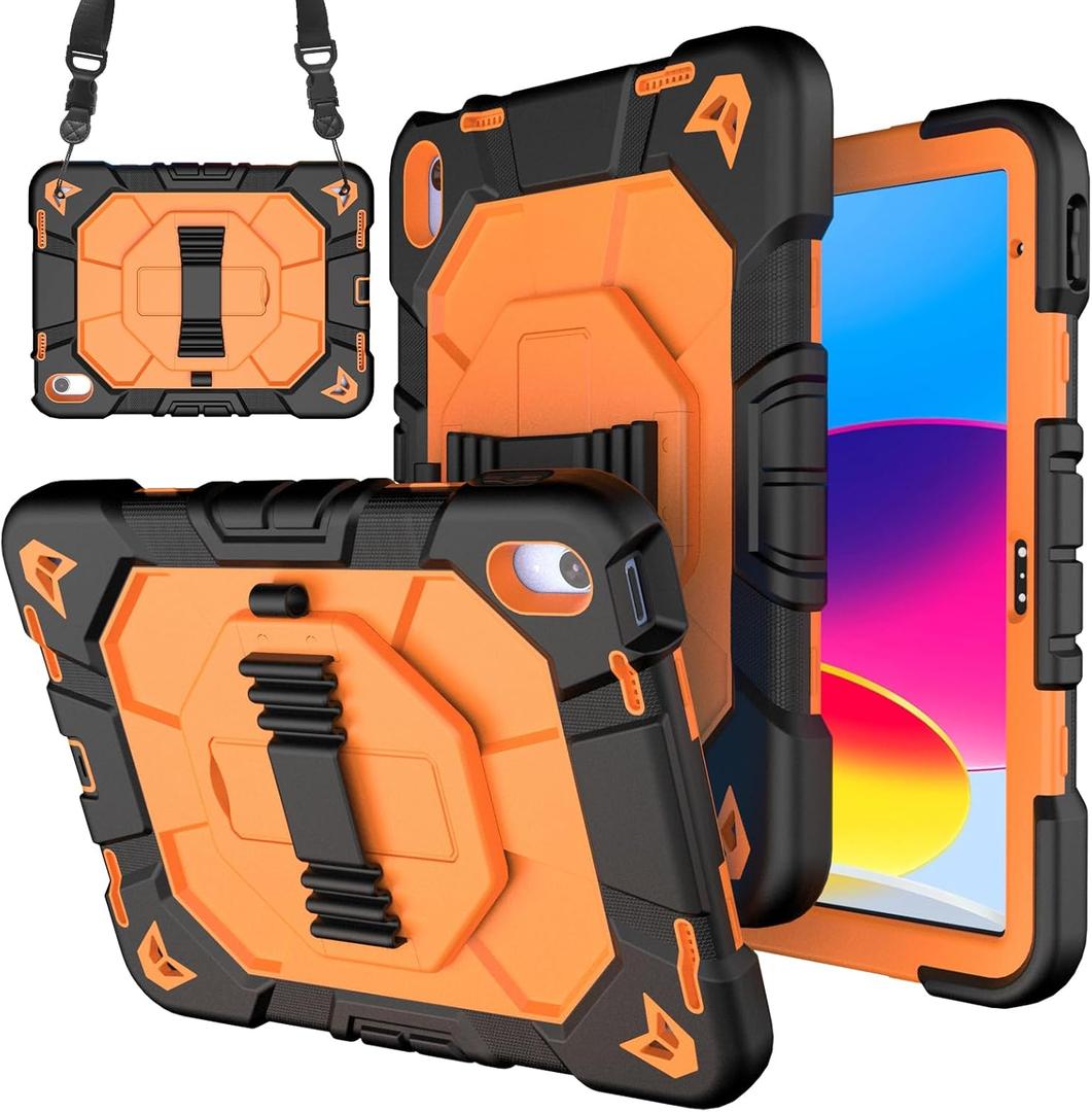 Case for iPad (A16) 11thGeneration 11 Inch 2025/iPad 10th Generation 10.9''Cover Compatible with iPad 10th Gen 10.9'', Hand Strap, Shoulder Strap, Pencil Holder(Orange+Black)