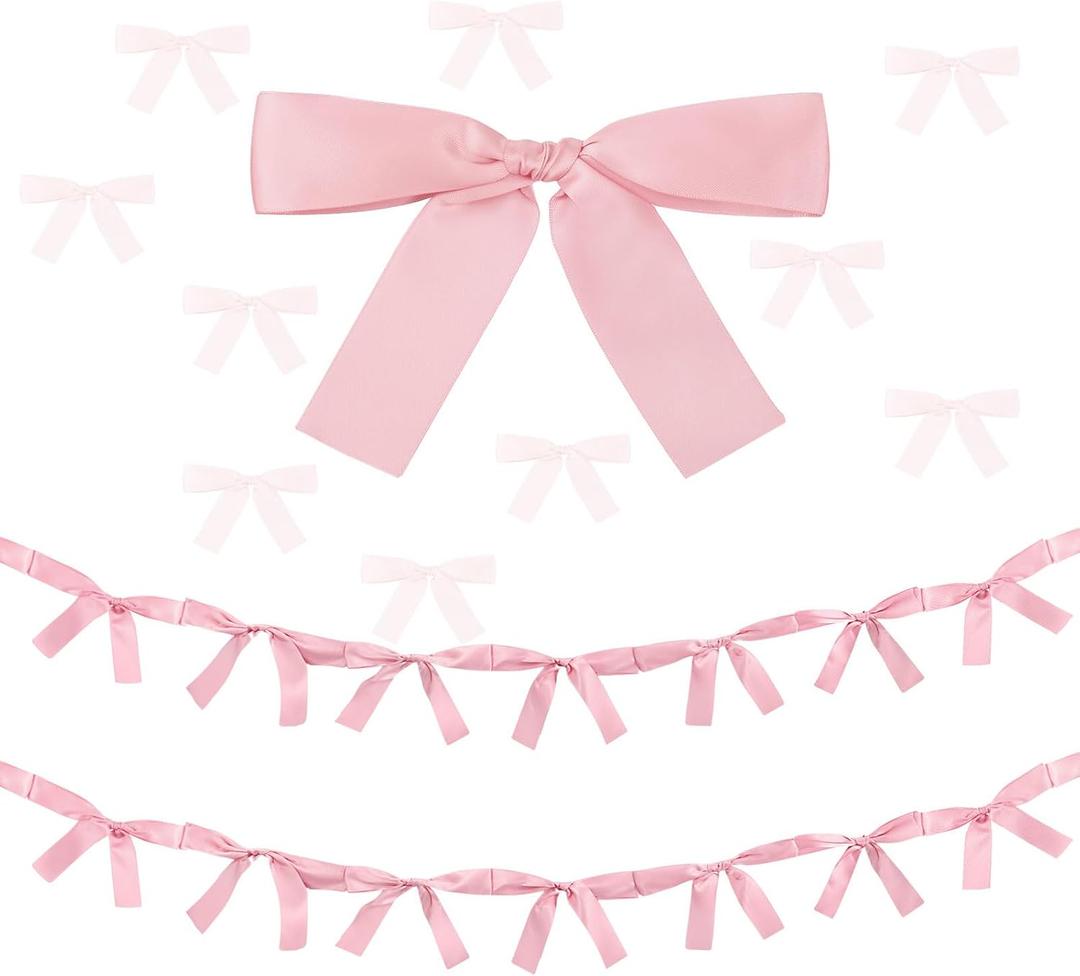 2 Pcs Pink Bow Garland Banner Decoration 16.4 ft Bow Party Decorations for Girls Pink Bows Ribbon Banner Bows Birthday Baby Shower Decorations Coquette Bridal Shower Party Supplies