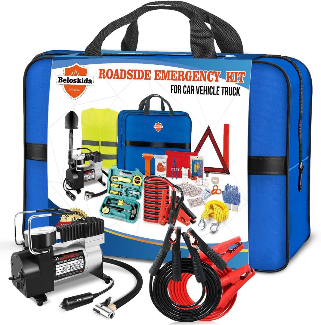 Emergency Car Kit,Roadside Emergency Tool Kit for Vehicle Truck with Air Compressor Jumper Cable First Aid Kit,Winter Auto Road Side Kit Women Men Car Travel Safety Assistance Survival Essentials Kit