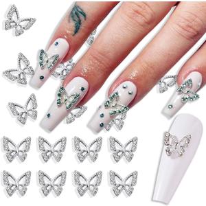 Butterfly Nail Charms with Diamond Design 3D Metal Butterfly Charms for Women Girls Silver Nail Decoration Supplies DIY Manicure 10Pcs