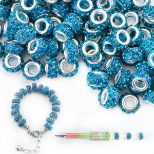 100pcs 11mm Large Hole Rhinestone Spacer Beads for Jewelry Making, DIY Crafts, Beadable Pens - Sparkly European Crystal Bulk Beads with Storage Case (Peacock Blue)