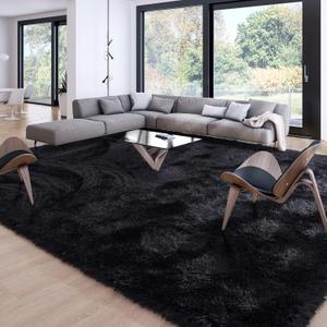 Merelax Soft Modern Indoor Large Shaggy Rug for Livingroom Bedroom Dorm Kids Room Home Decor, Non-Slip Plush Fluffy Furry Fur Area Rugs Comfy Nursery Accent Floor Carpet 9x12 Feet, Black