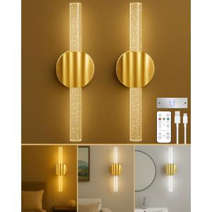 Rechargeable Wall Sconces Set of 2, Gold Wireless Magnetic Battery Operated Wall Lights with Remote & Touch Control, Dimmable Cordless Wall Lamps for Bedroom Living Room Bathroom Decor