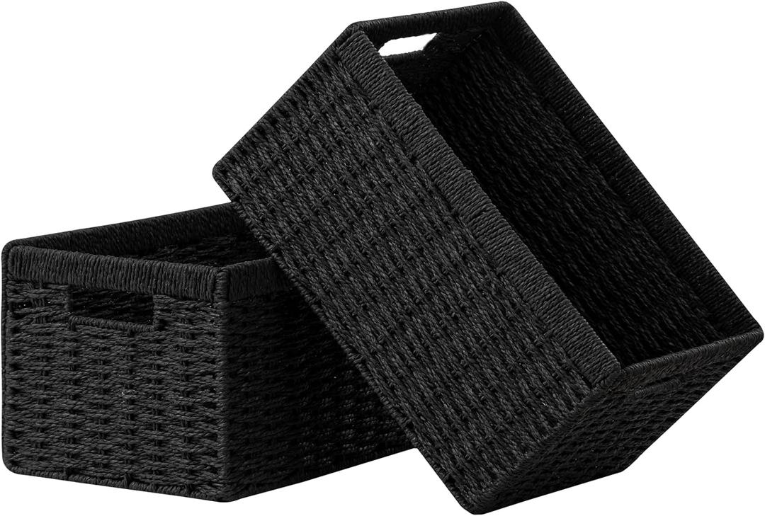 UBBCARE 2 Pack Wicker Basket, 13.4L8.3H7.1W inch Woven Paper Rope Storage Baskets for shelves, Foldable Rectangular Storage Baskets with Handle, Storage Basket for Organizing, Black,2pack Medium
