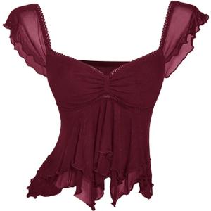 BEAUDRM Women's Y2k Ruffle Tank Tops Ruched Sheer Mesh Sweetheart Neck Sleeveless Crop Tops Night Out Outfit Burgundy X-Small