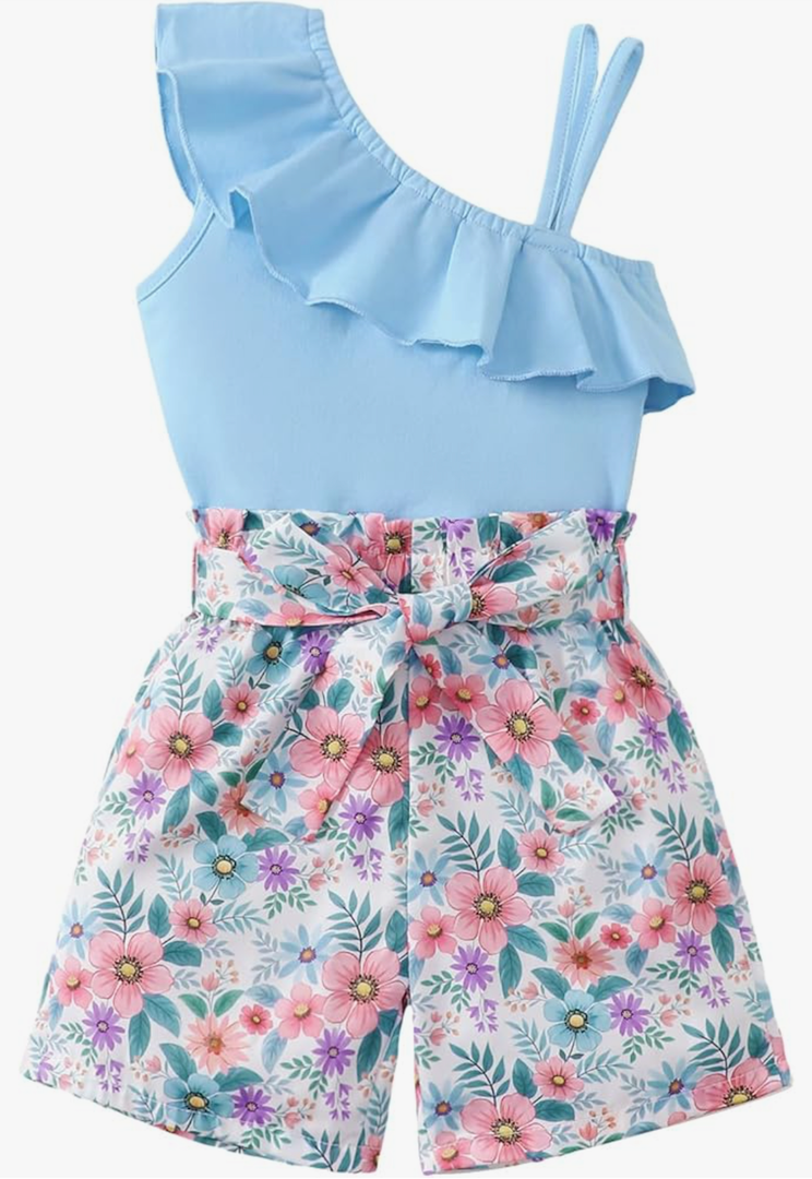 Kucnuzki Little Toddler Girl Clothes Off Shoulder Tank Top Ruffle Halter Shirt Floral Shorts 2 Piece Set Summer Outfits 2-3y