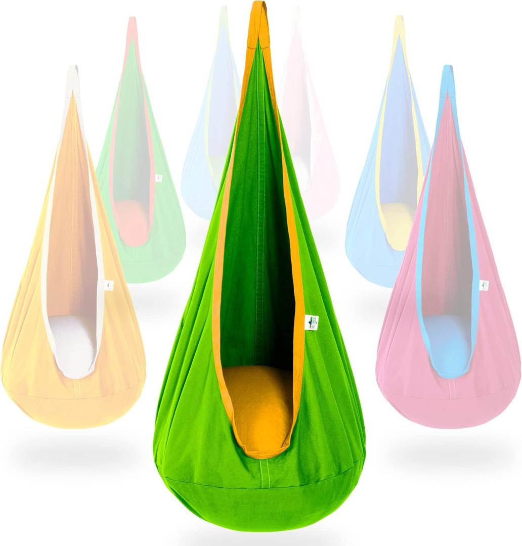 OUTREE Kids Pod Swing Seat, Cotton Child Hammock Swing Chair,Sensory Swing for Indoor and Outdoor Use,Green and Yellow