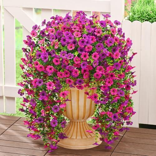 Dolicer 8 Pcs Look Real Artificial Flowers for Outdoors, Realistic Fake Artificial Hanging Flowers for Outdoors UV Resistant Silk Faux Hanging Plants Flowers for Porch Patio Garden (Purple+Fuchsia)