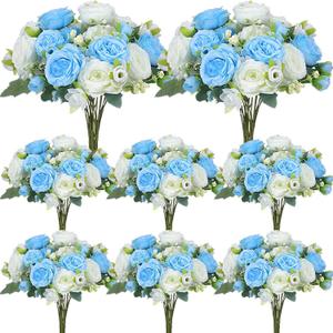Geosar 8 Bundles Artificial Peonies Flowers Fake Silk Peony Bouquet Faux Peonies Flowers Bulk for Decoration Vase Floral Arrangements Wedding Party Table (Blue,White)