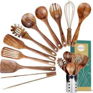 Kitchen Utenails Set with Holder, Kitchen Wooden Utensils for Cooking, Wood Utensil Natural Teak Wood Spoons for Cooking, Wooden Kitchen Utensil Set With Spatula and Ladle (11)