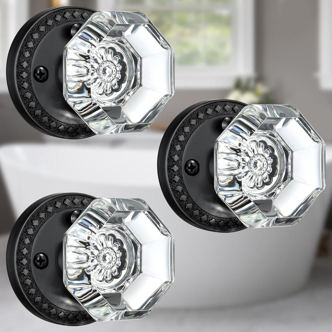 Glass Door Knobs with Lock, Matte Black Crystal Door Knobs Interior for Privacy Use, Octagon Vintage Antique Crystal Doorknob Set for Bathroom & Bedroom, 3 Pack